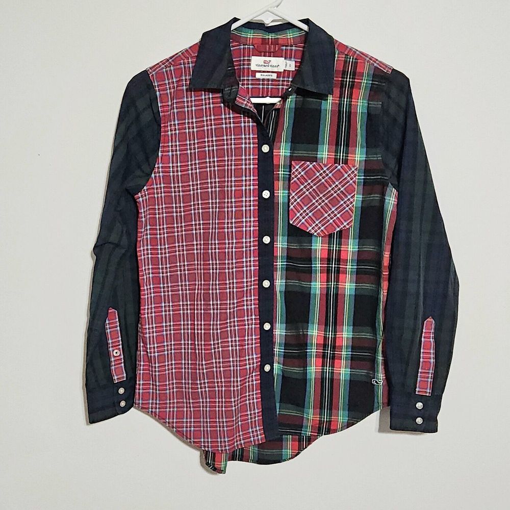 Vineyard Vines Button Front Shirt Women's 0 Relaxed Red Green Plaid Color Block